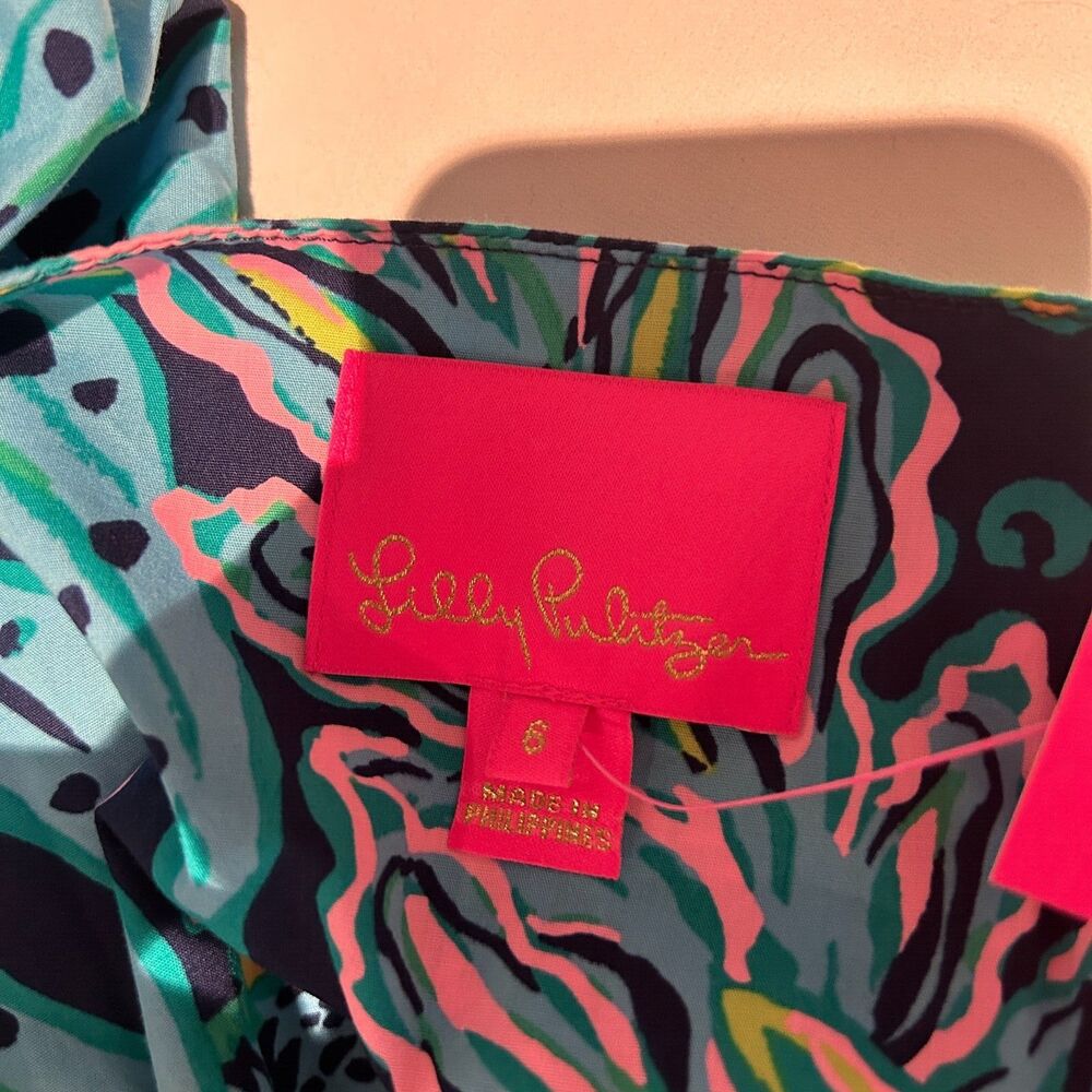 New LILLY PULITZER Juney Puff Sleeve Faux Wrap Dress Low Tide Navy Catty 6 - Picture 6 of 6